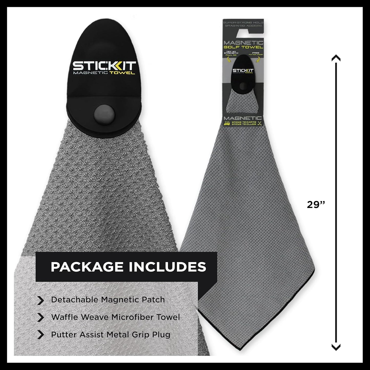 Magnetic Golf Towel, Gray | Premium Microfiber with Deep Waffle Pockets | Heavy-Duty Magnet for Secure Attachment to Golf Carts or Clubs