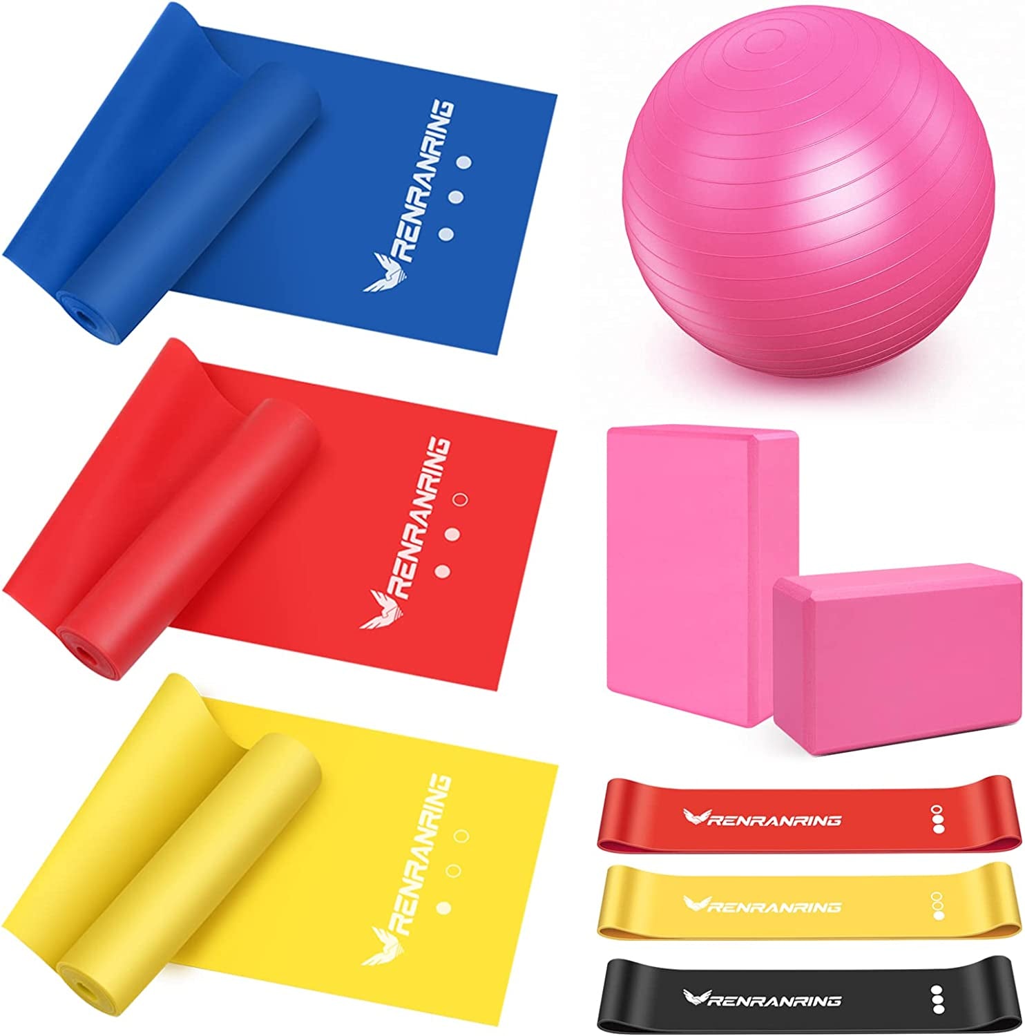 11-in-1 Yoga Ball Set with Resistance Bands, Yoga Block, and Pump for Exercise, Stability, and Office Use (Pink)