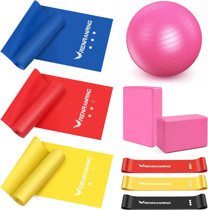 11-in-1 Yoga Ball Set with Resistance Bands, Yoga Block, and Pump for Exercise, Stability, and Office Use (Pink)