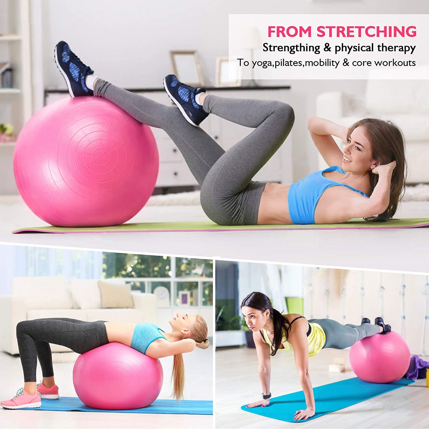 11-in-1 Yoga Ball Set with Resistance Bands, Yoga Block, and Pump for Exercise, Stability, and Office Use (Pink)