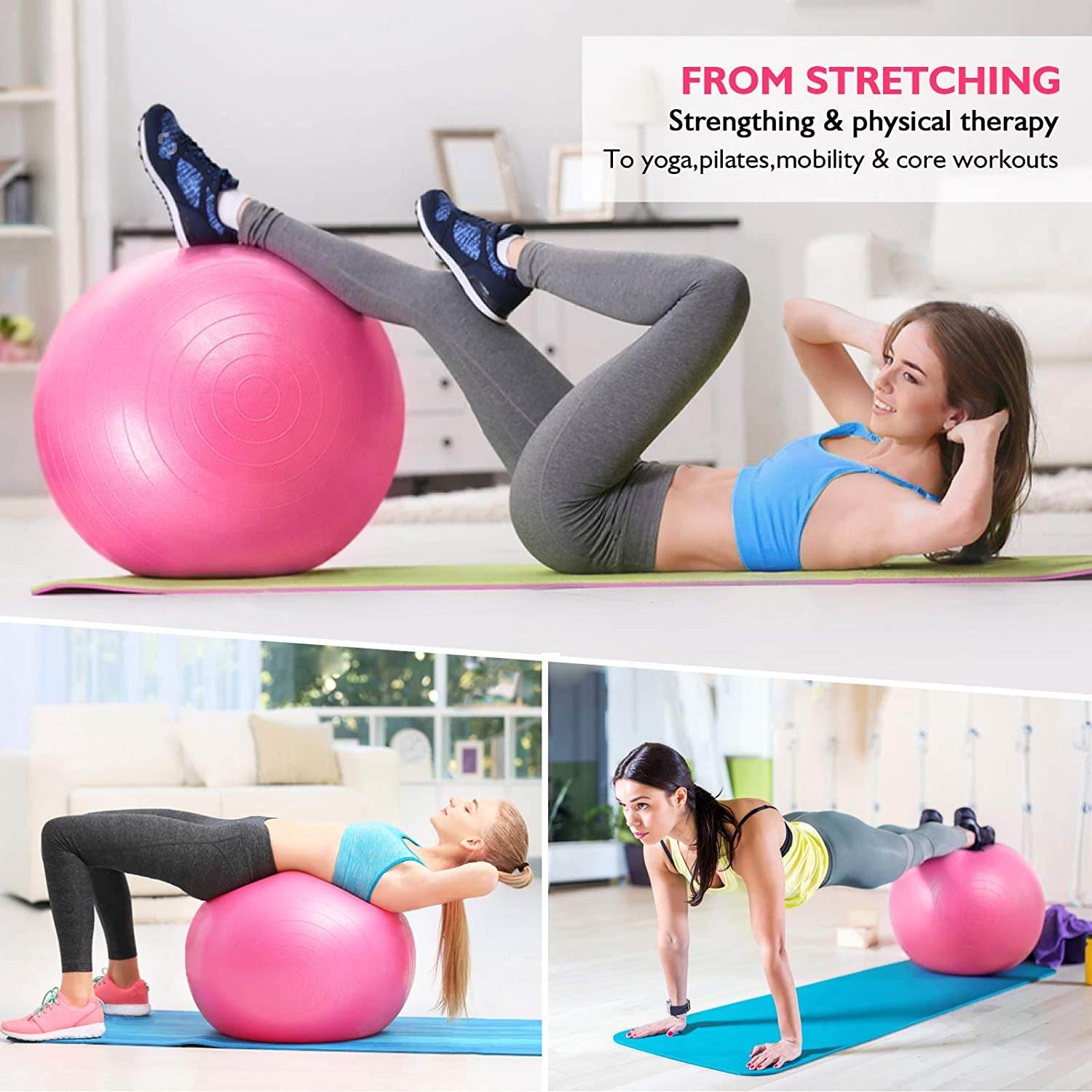 11-in-1 Yoga Ball Set with Resistance Bands, Yoga Block, and Pump for Exercise, Stability, and Office Use (Pink)