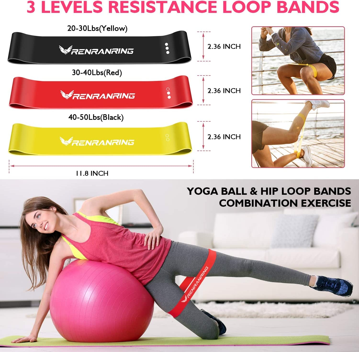 11-in-1 Yoga Ball Set with Resistance Bands, Yoga Block, and Pump for Exercise, Stability, and Office Use (Pink)