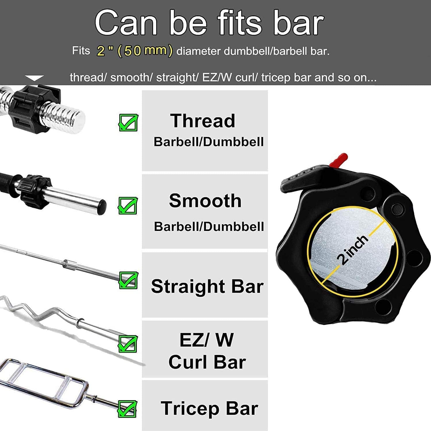 Olympic Barbell Clips - 2 Inch Durable Quick Release Collars for Weightlifting, Powerlifting, and Strength Training (Black)