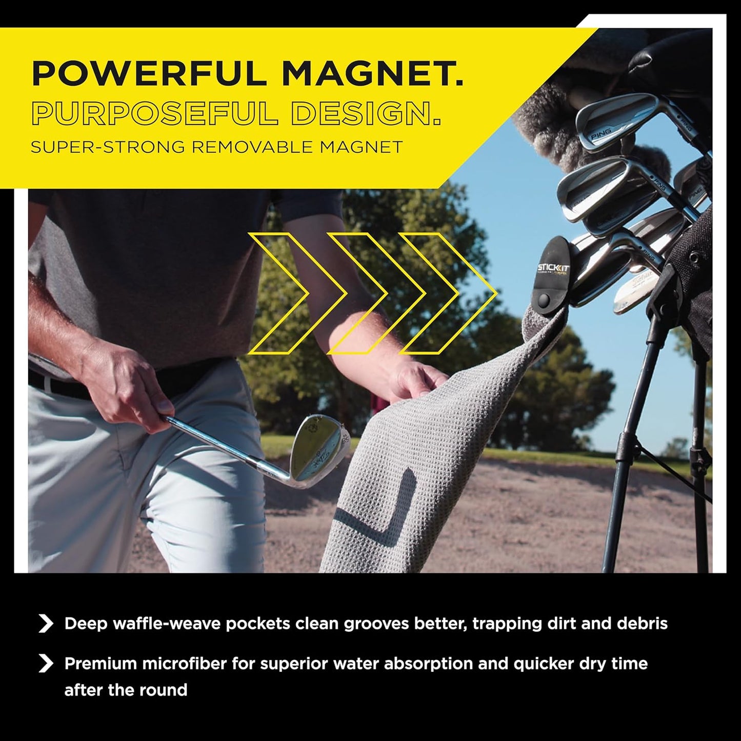 Magnetic Golf Towel, Gray | Premium Microfiber with Deep Waffle Pockets | Heavy-Duty Magnet for Secure Attachment to Golf Carts or Clubs