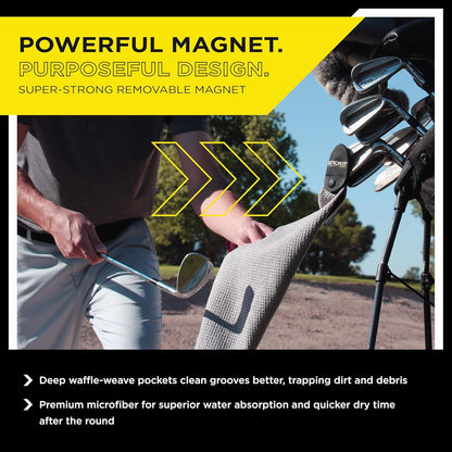 Magnetic Golf Towel, Gray | Premium Microfiber with Deep Waffle Pockets | Heavy-Duty Magnet for Secure Attachment to Golf Carts or Clubs